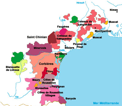 carte géographique de localisation des appellations du Languedoc