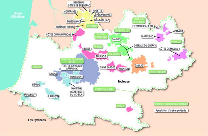 carte géographique présentant les différentes Indications Géographiques Protégées du Sud Ouest de la France.